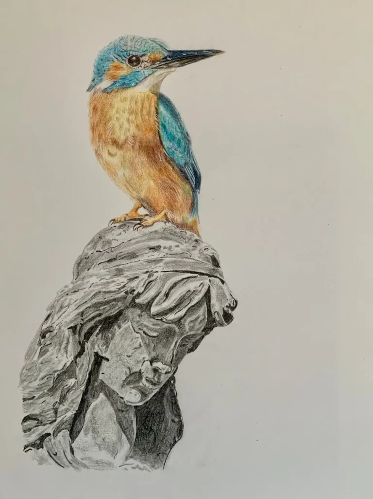 Original tegning af statue og fugl
